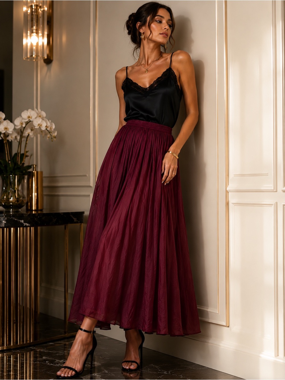 Burgundy Chiffon Maxi Skirt | Flowy Modest A-Line | XS